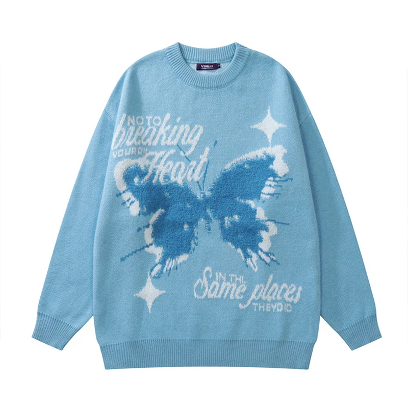 

Мужские трикотажные свитера в стиле хип-хоп, 2022, модная вышитая бабочка в стиле Харадзюку, Мужская искусственная одежда, парные пуловеры