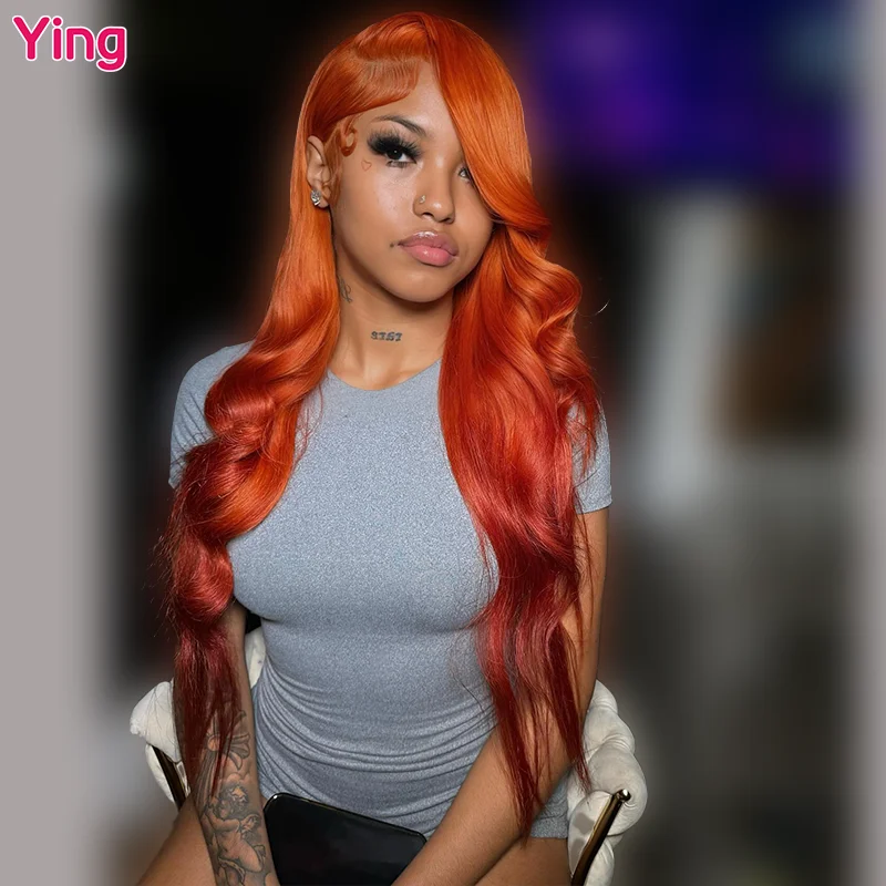 Ying 200% Density Body Wave Ginger Orange Omber Colored Peruvian 13x6 Transparent Lace Front Wig PrePlucked 13x4 Lace Front Wig