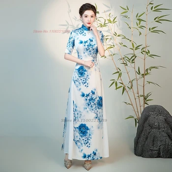2025 abito aodai abito tradizionale vietnam migliorato qipao fiore nazionale stampa a-line cheongsam abito da sera per banchetti orientali 1