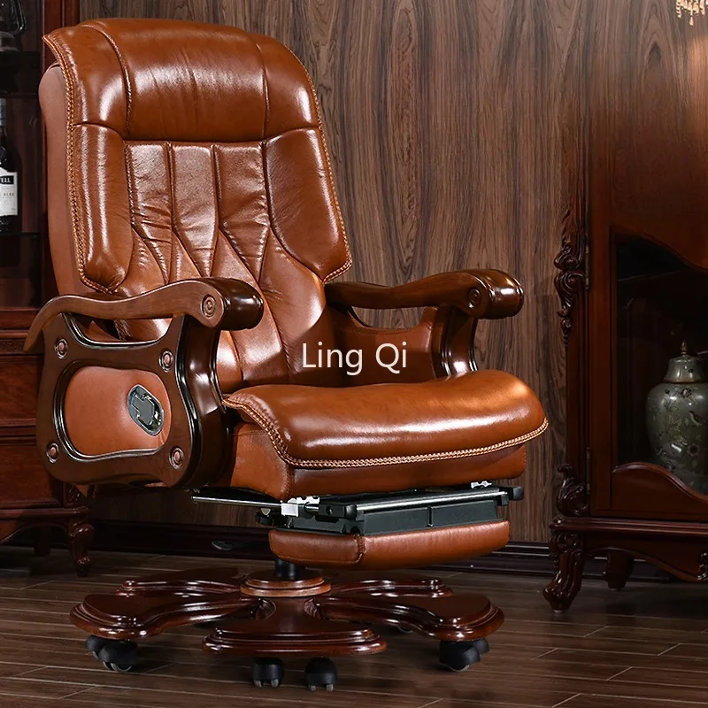 

Genuine Leather Boss Office Chairs Reclining Massage Home Lifting Computer Chair Swivel Solid Wood Muebles Office Furniture