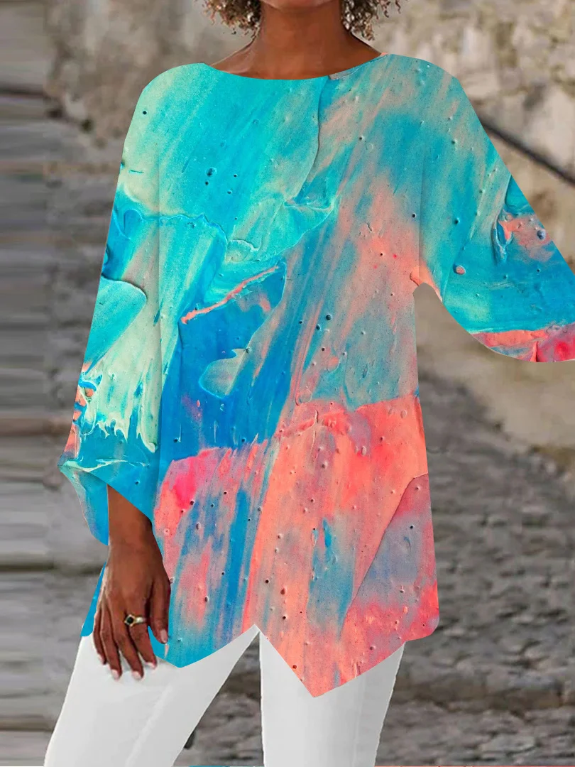 

Plus Size Women Asymmetrical 3/4 Sleeve Scoop Neck Colorblock Tops