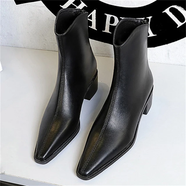 BIGTREE Street Style Designer Vintage Pointed Toe Zipper Women Ankle Boots Autumn Winter Fashion Square Heel Shoes Botas Mujer