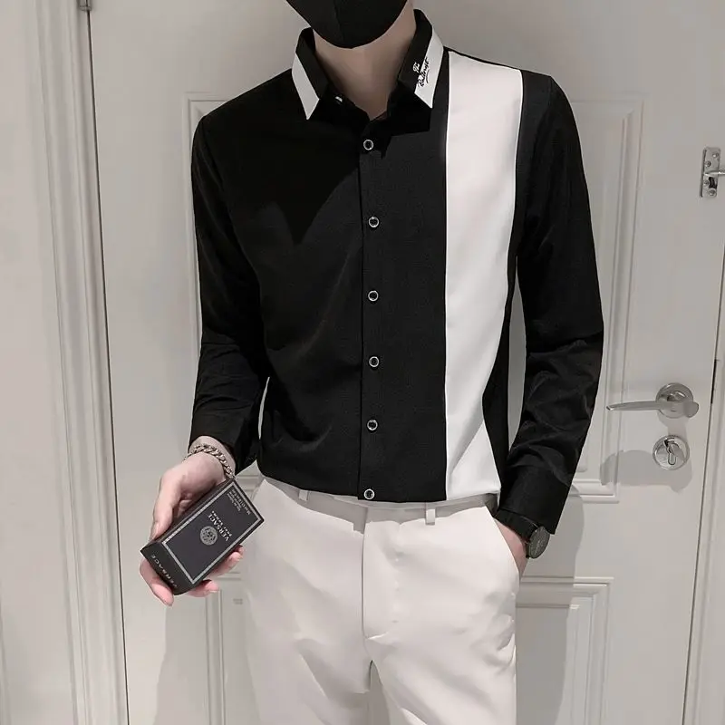 Men shirt Long-sleeved Spring and Autumn Black and White Colorblock Shirts Trendy Brand Casual Handsome Top Men's Clothing