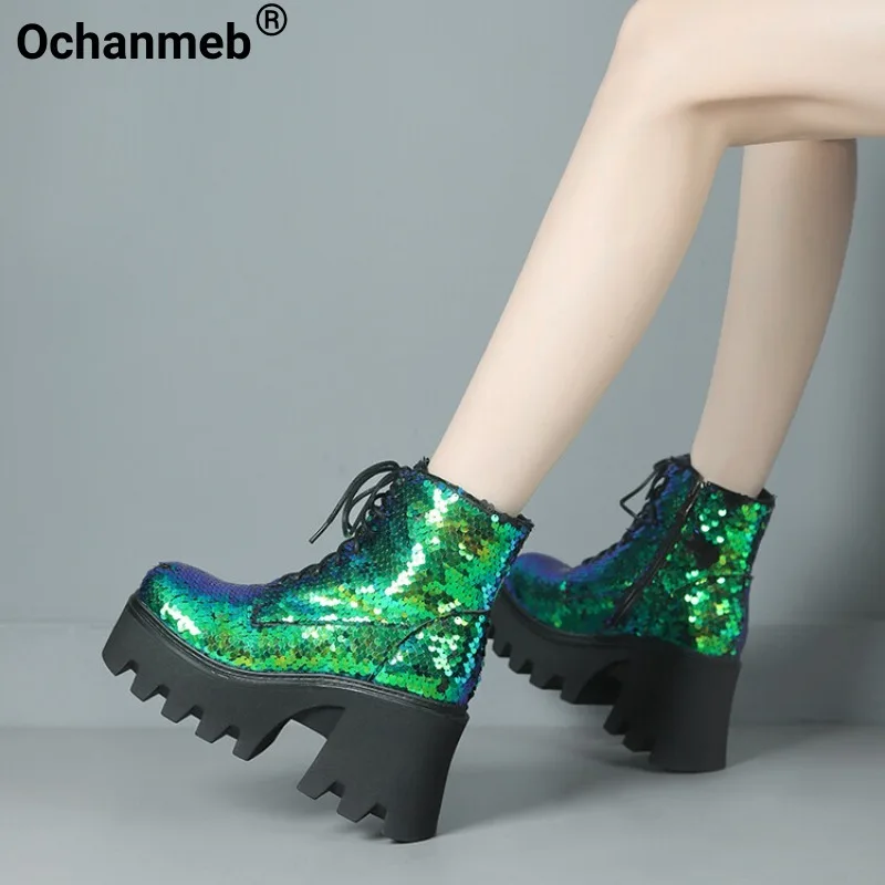 

Ochanmeb Women Silver Sequins Boots Chunky High Heels Lace-up Glitter Green Goth Boots Woman Square Toe Thick Sole Shoes Size 43
