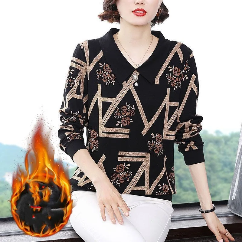 

Women's Pullover Printing Middle aged Mom Outfit Autumn and Winter Loose Doll Neck Long Sleeve Fashion Women's Clothing Tops