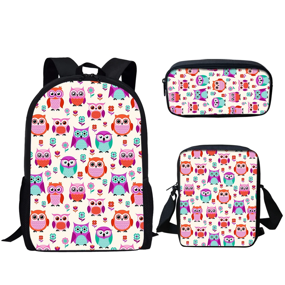 Colorful Owl Animal Pattern 3Pcs School Bag Set Girls Boys Adjustable Shoulder Strap Backpack Student Campus Daily Book Bags