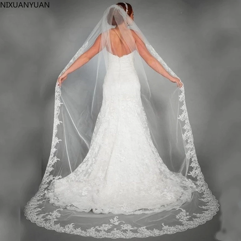 

Wholesale Wedding Accessories Appliques Tulle Long Cathedral Wedding Veils Lace Edge 1T Bridal Veils 3 Meters Veu De Noiva Longo