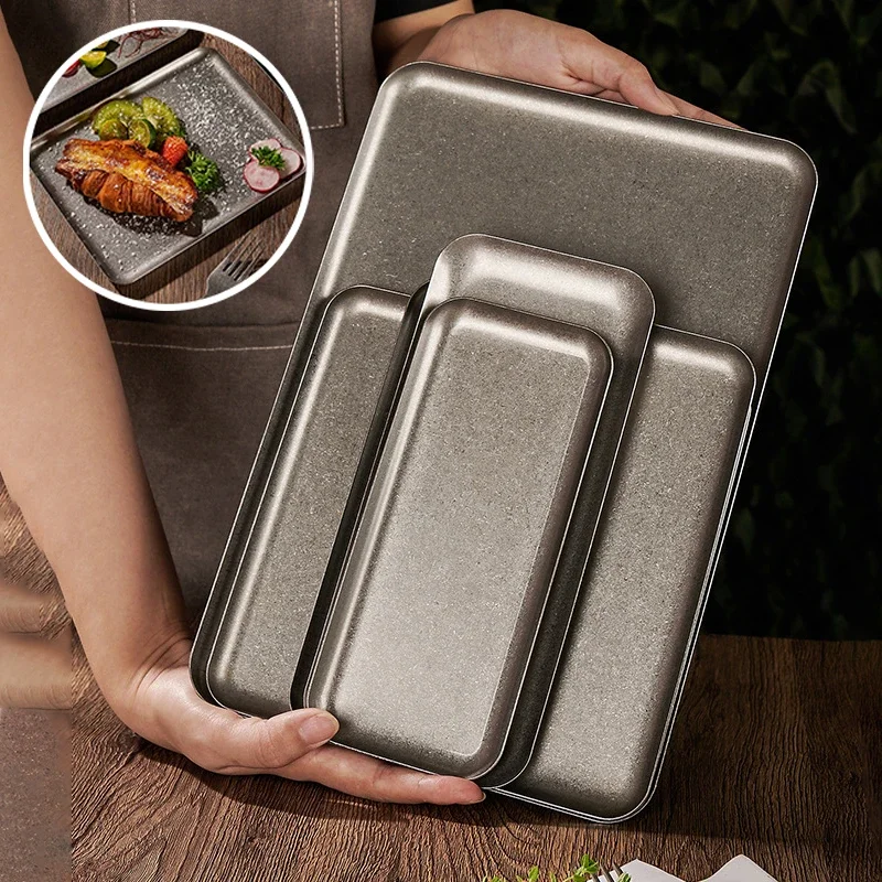 Dining Dish Steak Tray 304 Stainless Steel Antique Square Tray Creative Restaurant Display Dinner Plates Retro Style Dessert Barbecue Plate