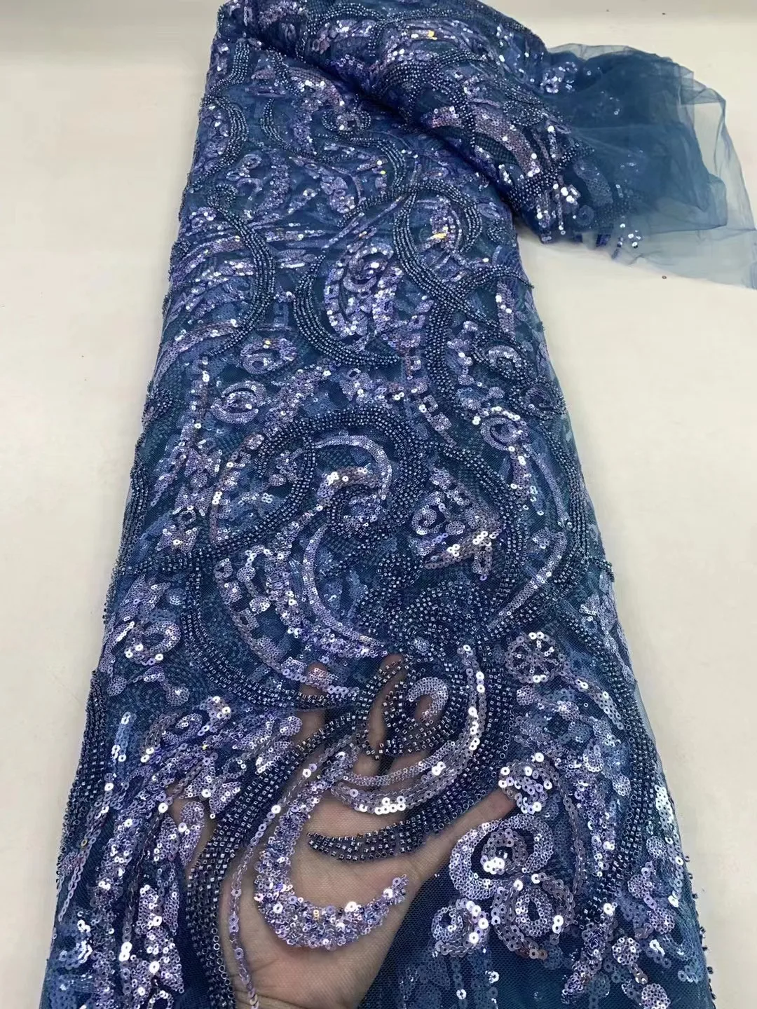 

Blue African 3D Lace Fabric 2024 High Quality French Mesh Tulle Lace Embroidery Crystal Beads Sequins Beaded Lace Fabrics Luxury