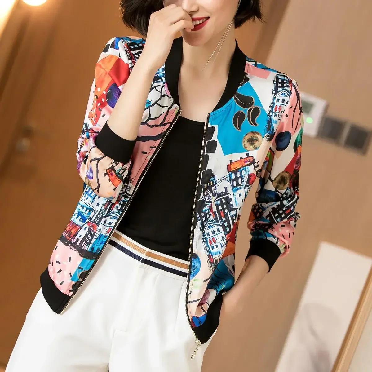 

2024 Spring Summer New Women's Abstract Baseball Jacket Lady Long Sleeve Zipper Coat Female Print Tops 4XL Z721