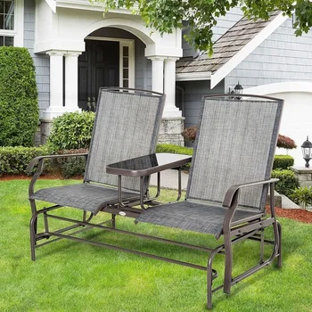 Outdoor Glider Loveseat with Table – Mesh Fabric & Armrests 1