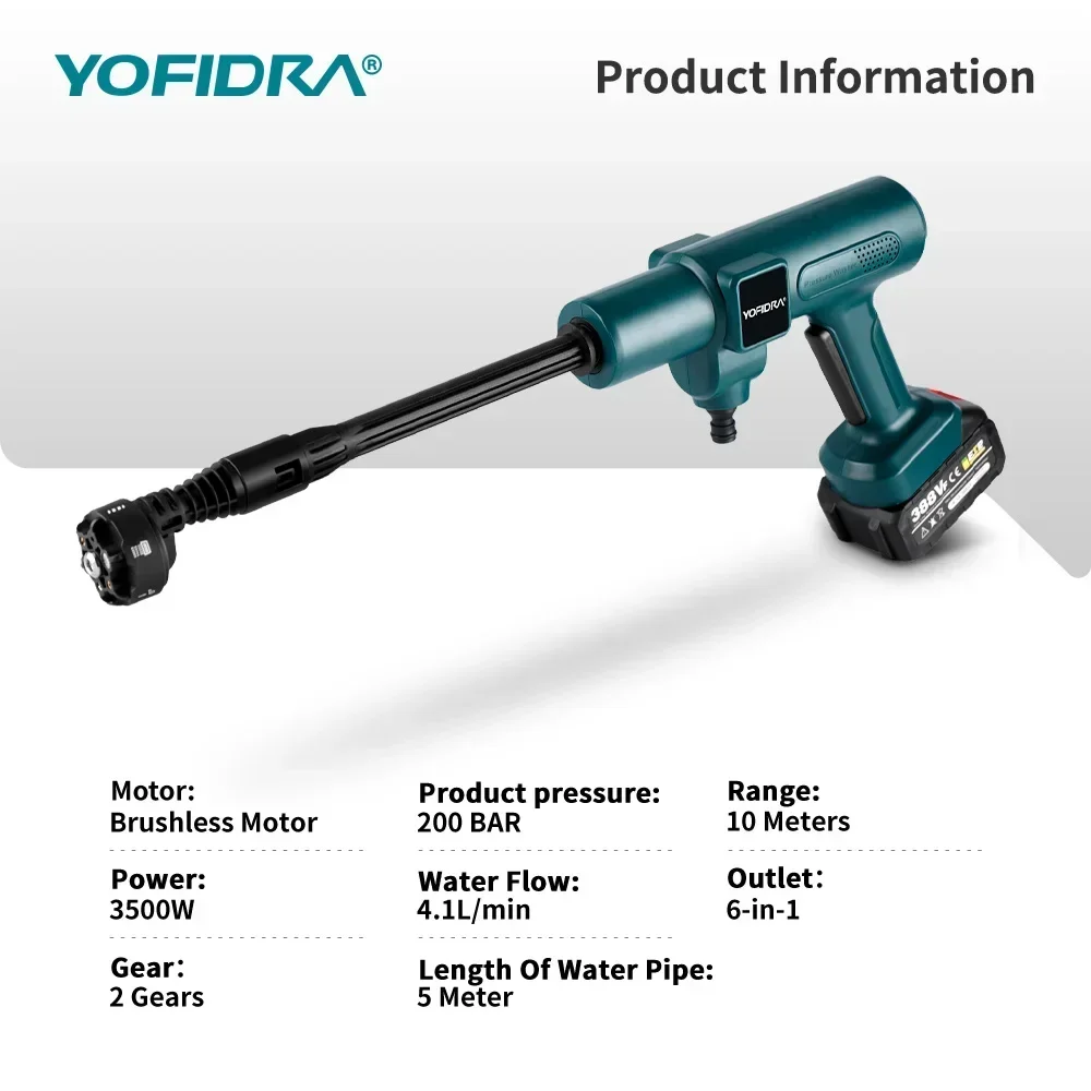 YOFIDRA Brushless 200Bar Car Washer Electric High Pressure Washer Water Gun 6IN1 Cordless Cleaning Garden For Makita 18V Battery 2