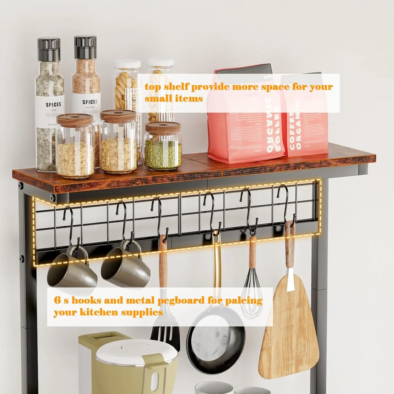 Kitchen Bakers Rack with Hutch, Coffee Bar Station 4 Tiers, Microwave Oven Stand with 6 S Hooks and Pegboard, Kitchen Microwave 5