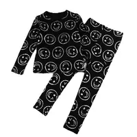 AA-kids boy summer spring fashion clothes 2pcs set cotton long sleeve and short sleeve 2pcs clothes set smile print black set 4