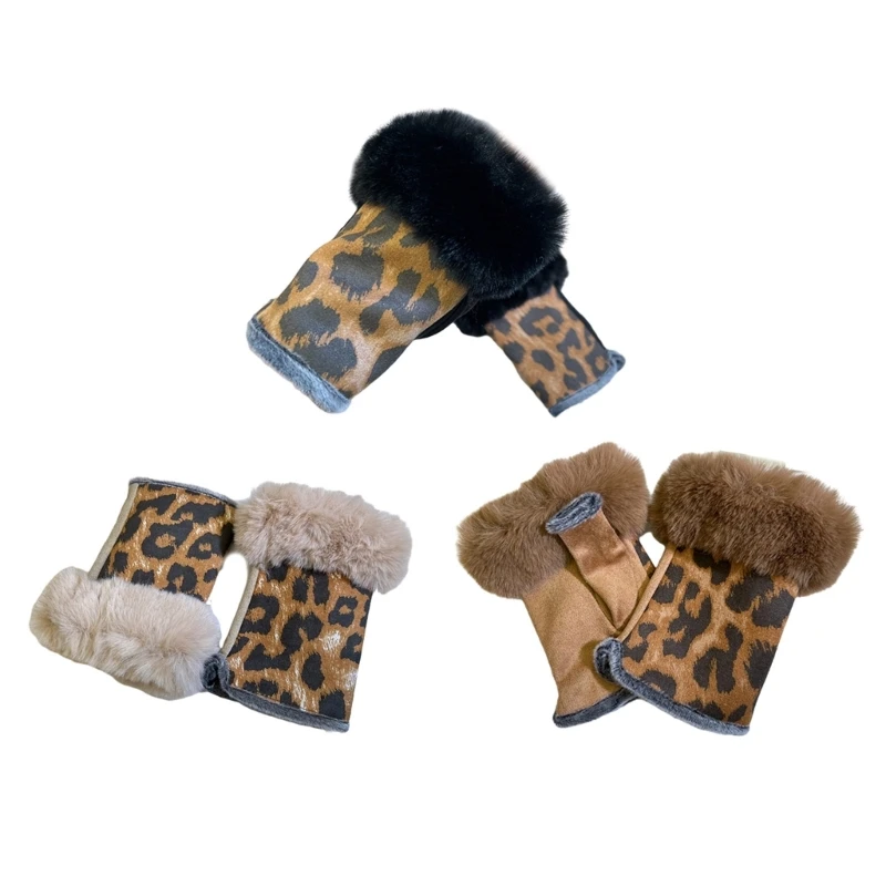 Half Finger Gloves Coldproof Warm Mittens Leopard Print Female Fingerless Gloves