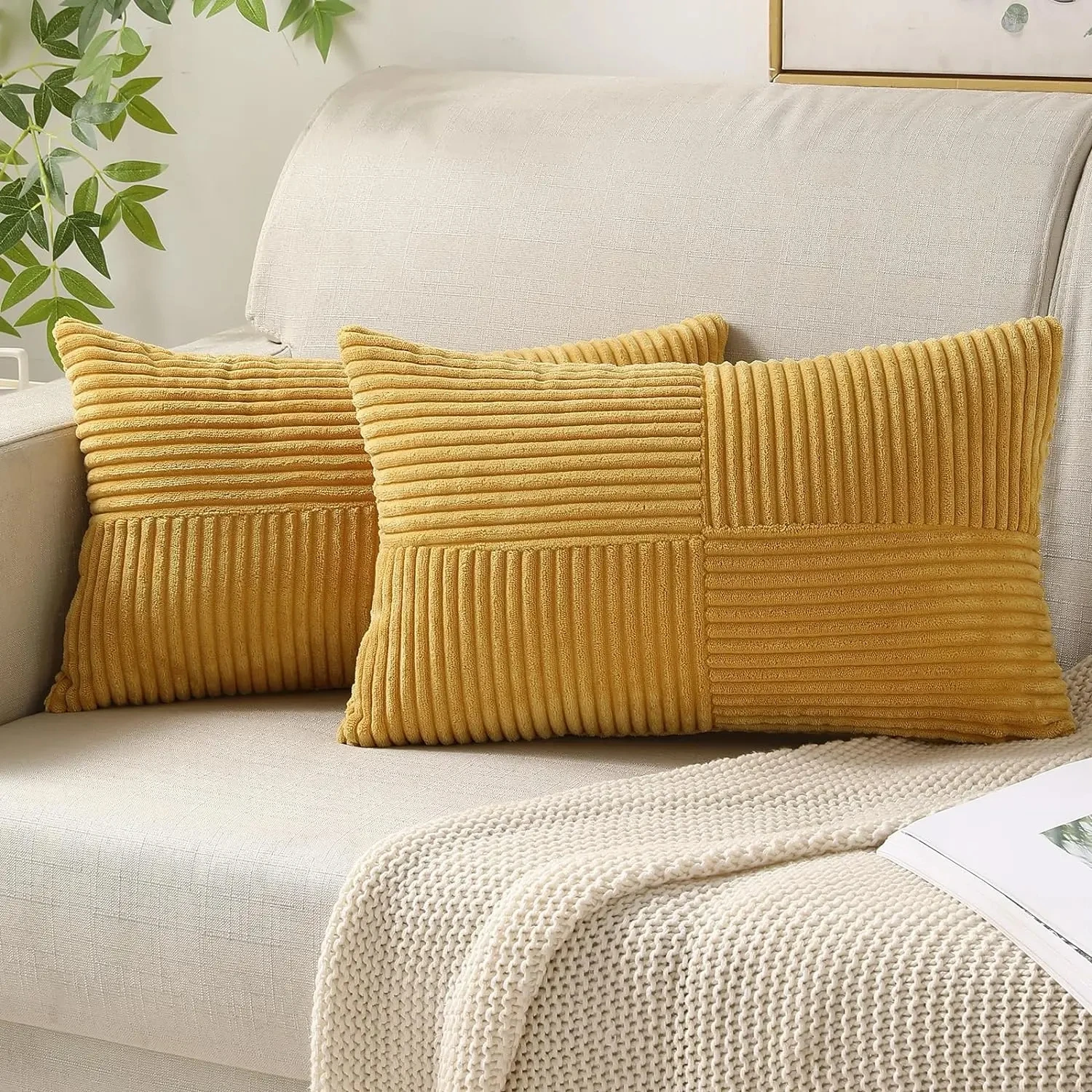 Description Picture 2 of itemBrown Throw Pillow Covers 12x20 Inches Rectangular Cushion Cases Patchwork Textured Striped Corduroy Throw Pillowcase for Couch