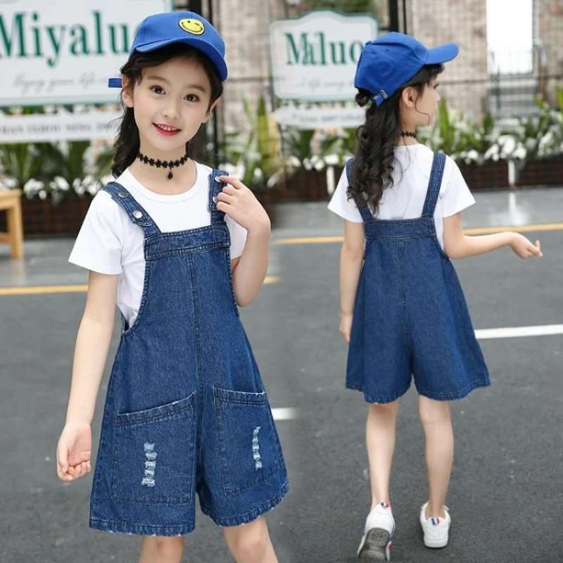 Summer Casual Short Jeans Girls Overalls Solid Color Knee-Length