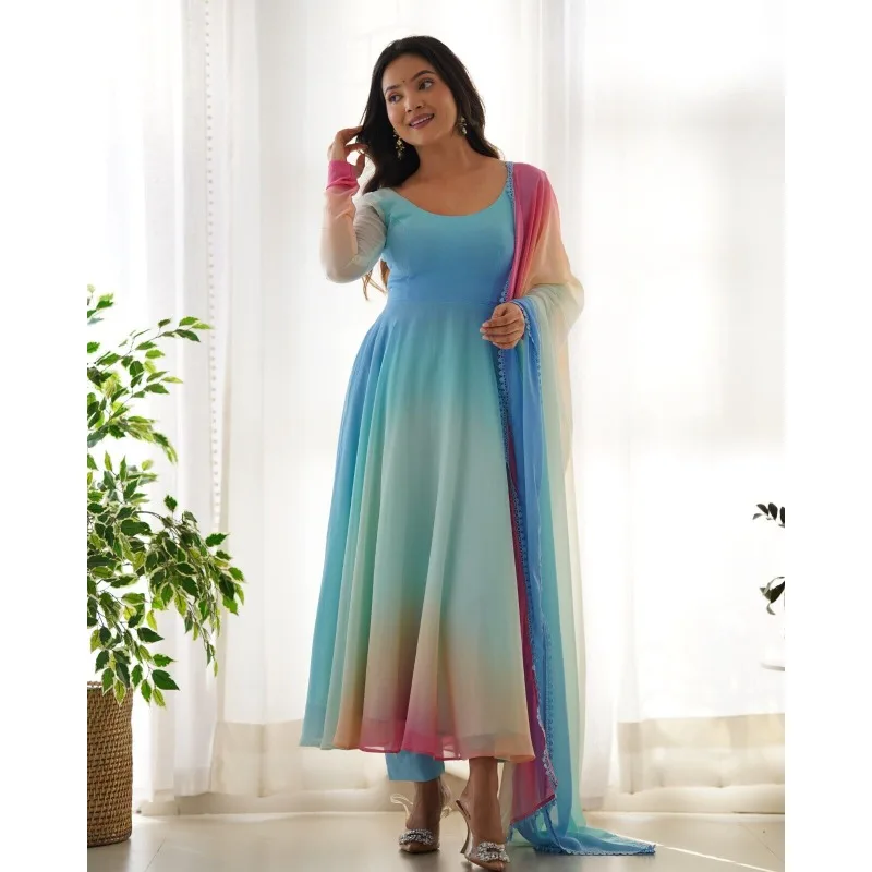 Pakistani Salwar Kameez Wedding Suit Blue Gradient Long Sleeved Round Neck Dress