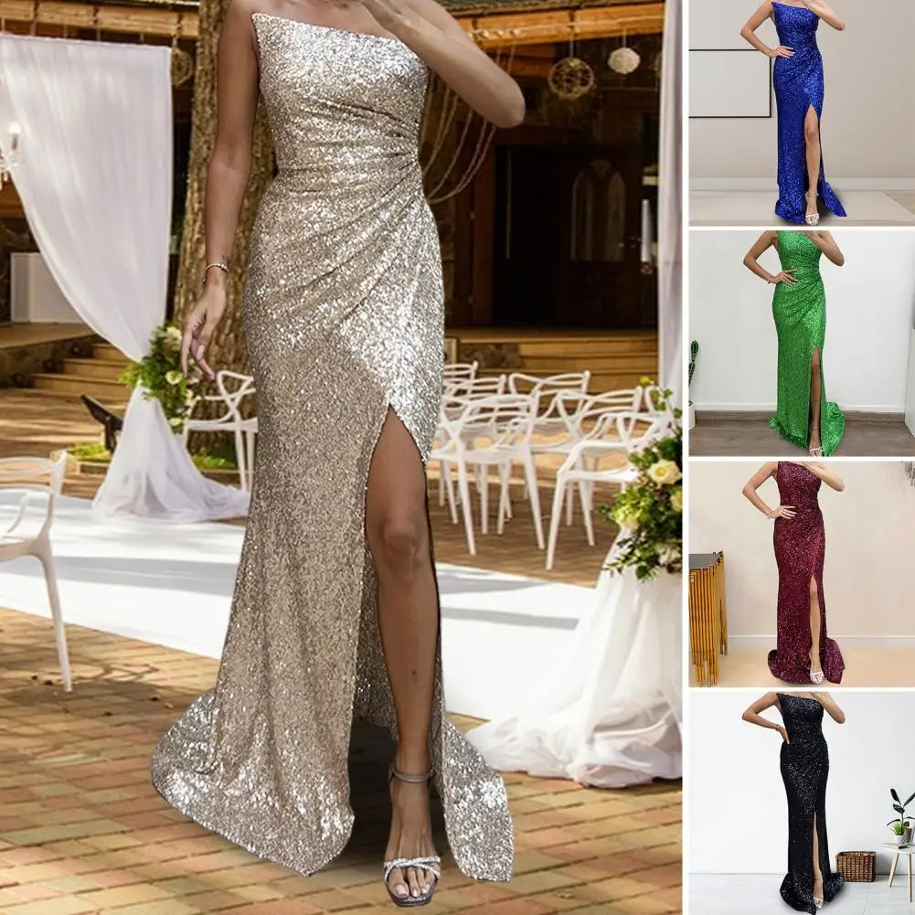 

Shiny Sequin Dress Dress Elegant Sequin Off Shoulder Maxi Dress for Prom Banquet Events Shiny Bandeau Style with High Split