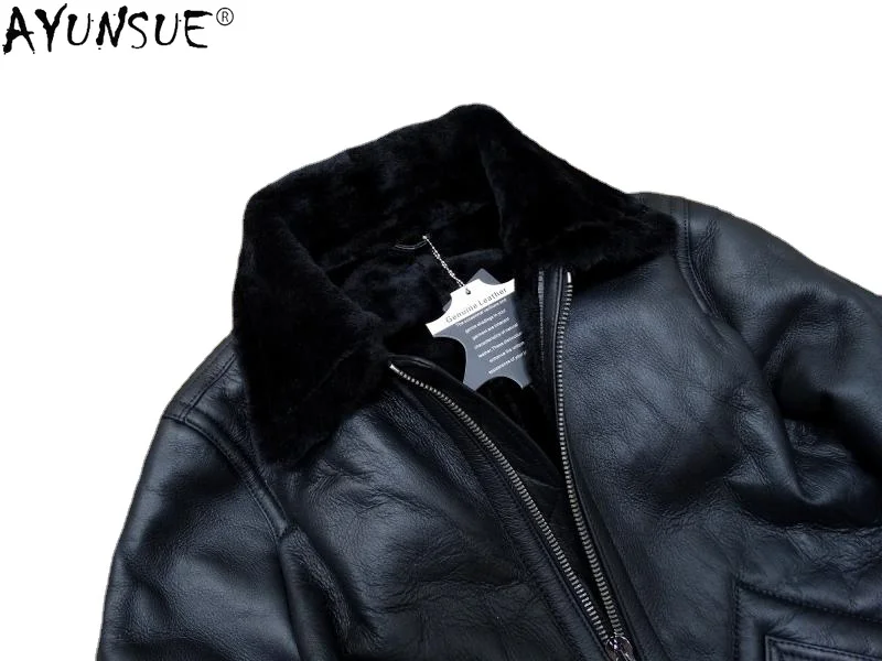 AYUNSUE зимние мужские кожаные куртки из натуральной овечьей кожи, черная теплая Толстая шерстяная куртка с воротником, корейский стиль, мужская модель Gmm40 4