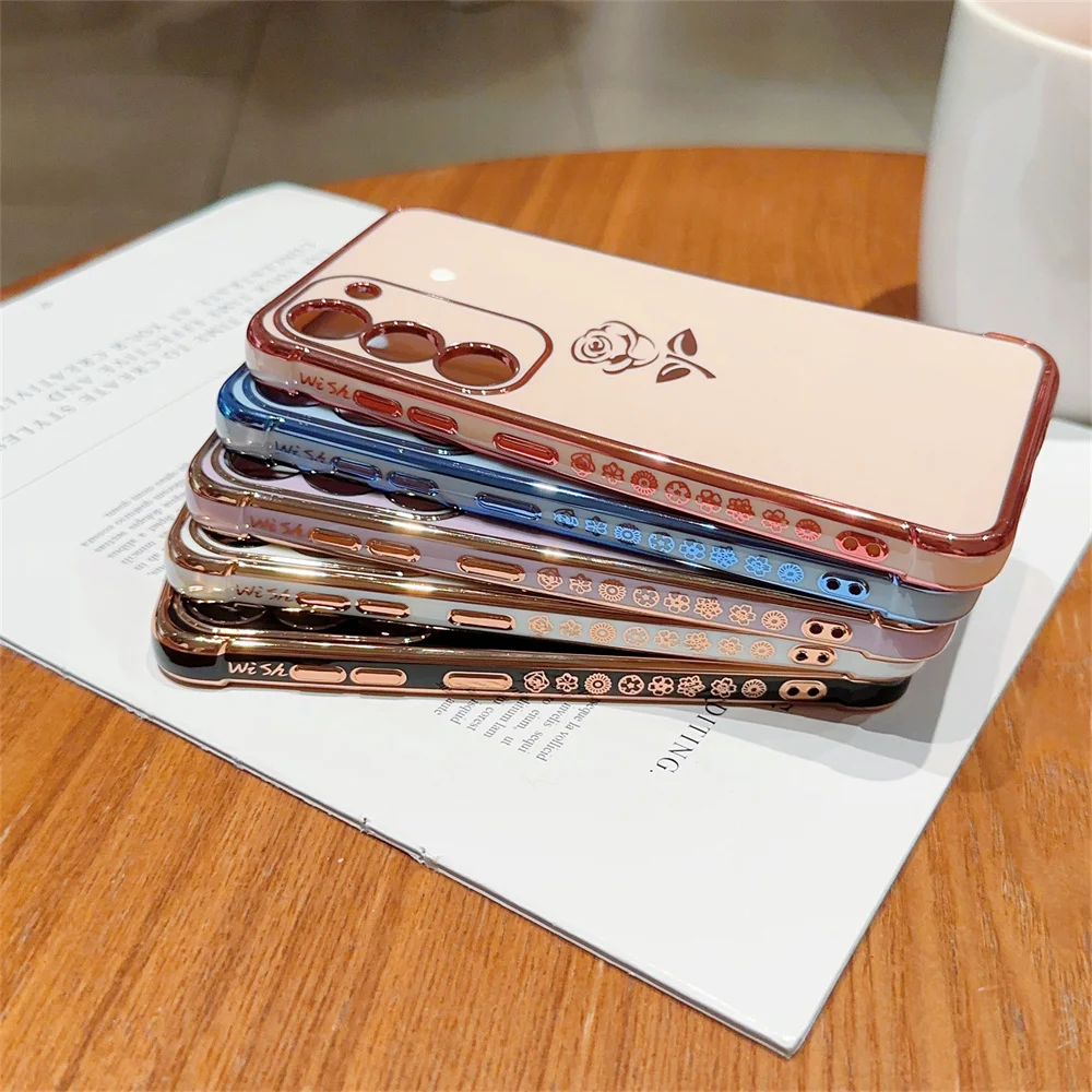 Cute Rose Flower Plating Case For Samsung Galaxy S23 S22 Ultra Plus S21 S20 FE A54 A34 A14 A53 A52 A24 A23 A25 A13 5G_voghion.com
