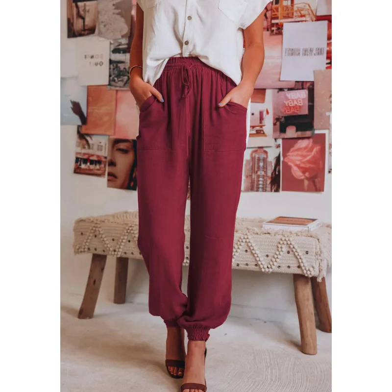 

2023 Spring/Summer Women's Solid Color Comfortable Loose Slightly Elastic High Waist Fashion Drawstring Elastic Waist Haren Pant
