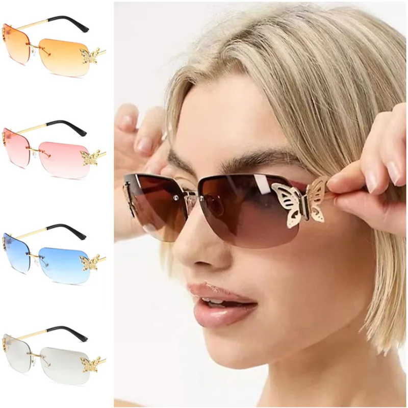 

New Sunglasses Women Rimless Sun Glasses Personality Butterfly Anti-UV Spectacles Rectangle Eyeglasses Alloy Temples Ornamental