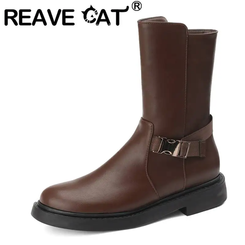 

REAVE CAT Brand Shoes Woman Mid Calf Booties 18cm Thick Heel 3cm Flats Zipper Belt Buckle Solid Retro Leisure Daily Lady Boots