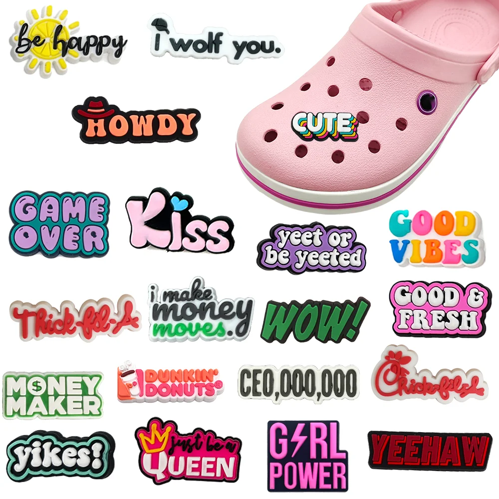 

Hot Sales 1Pcs English Phrases Croc Charm Shoe Button Accessories Sandals Decoration Fit DIY Kids Jibz Party Women Present