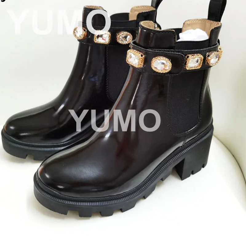 

High Quality Women Ankle Boots Round Toe Fashion Chunky High Heel Big Crystal Decor Luxury Designer Comfort Short Boots