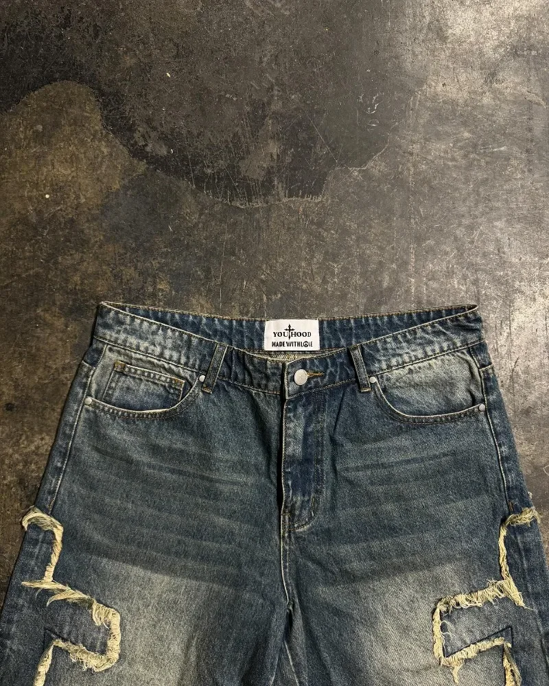 Cross raw edge embroidery design oversized y2k denim shorts mens summer street hip hop distressed washed sweatpants
