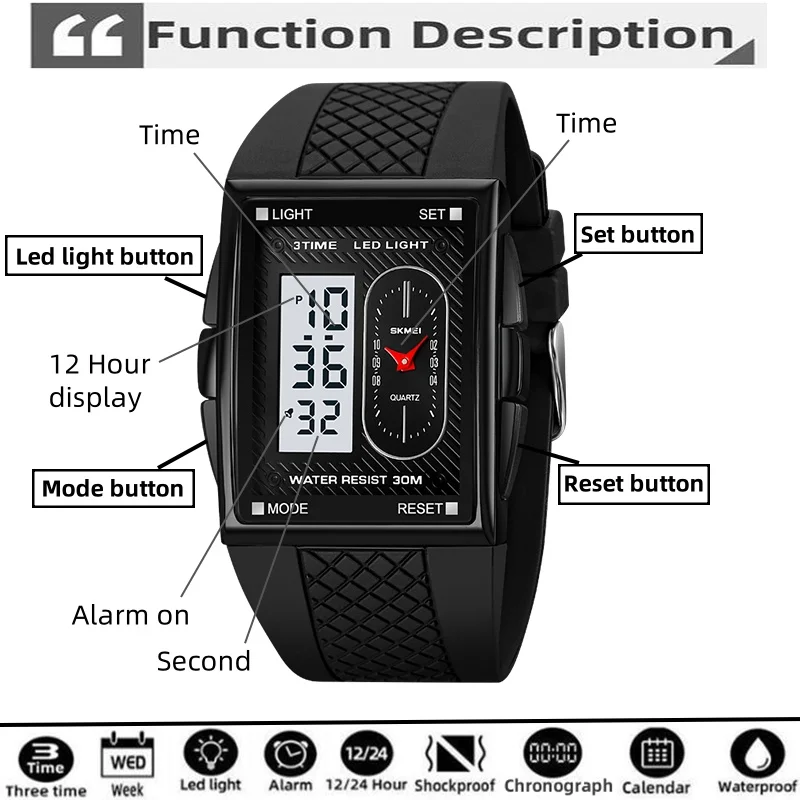 Orologio Digitale Sportivo Uomo 3 ATM - Quadrante Grande Con Retroilluminazione LED, Sveglia, Cronometro, Cinturino In Silicone - Impermeabile Fino A 30m