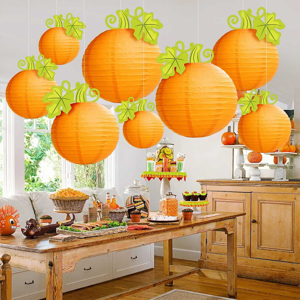 1Pc Halloween Pumpkin Lantern Hanging Orange Pumpkin Paper Round Lantern for Harvest Fall Halloween Indoor Outdoor Decor