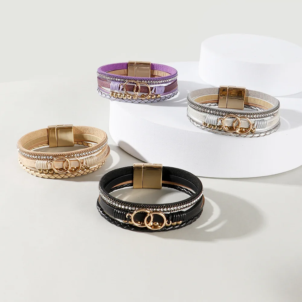 

Light luxury fashion multi-layer hand-woven leather charm bracelet for women