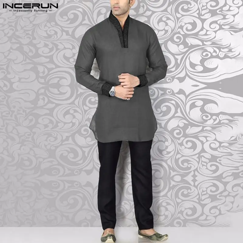 INCERUN Tops 2023 Muslim Style New Mens Hot Selling Shirts Dual Color Patchwork Design Standing Collar Long Sleeved Blouse S-5XL
