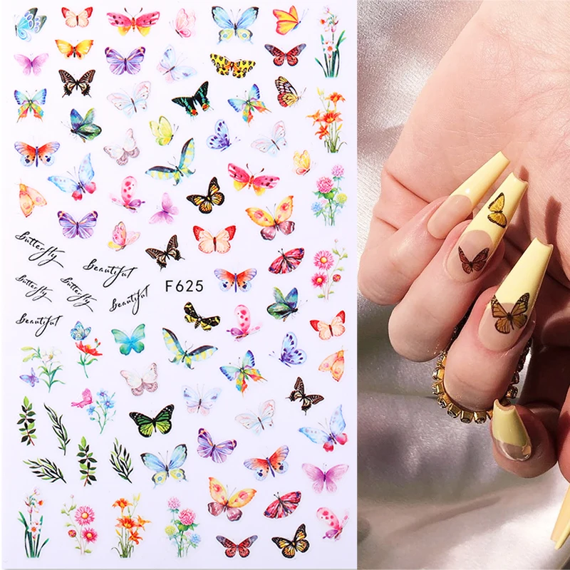 3D Blue Butterfly Adhesive Stickers for Nail Art Decoration - Laser Flower and Leaf Design