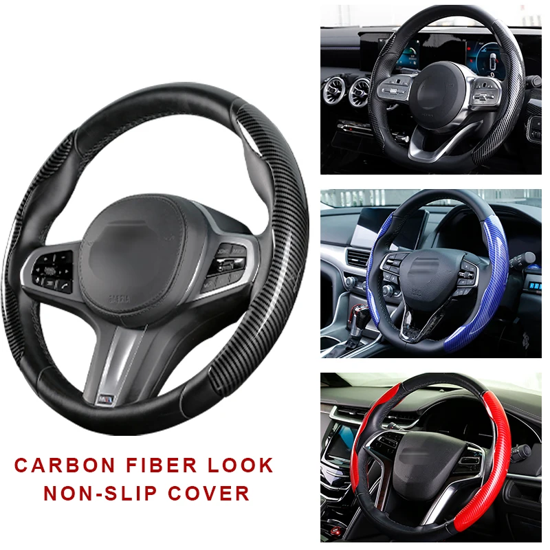 

New Steering Wheel Cover Carbon Fiber Look Fit 38cm/15inch Non-Slip Wheel Booster Cover Universal Car Accessories