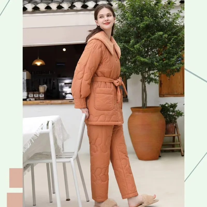 2024 New Big Fur Collar Warm Loungewear Lightweight Fleece-Lined Windproof Women's Pajamas Tie A Belt Warm Thickened Homewear