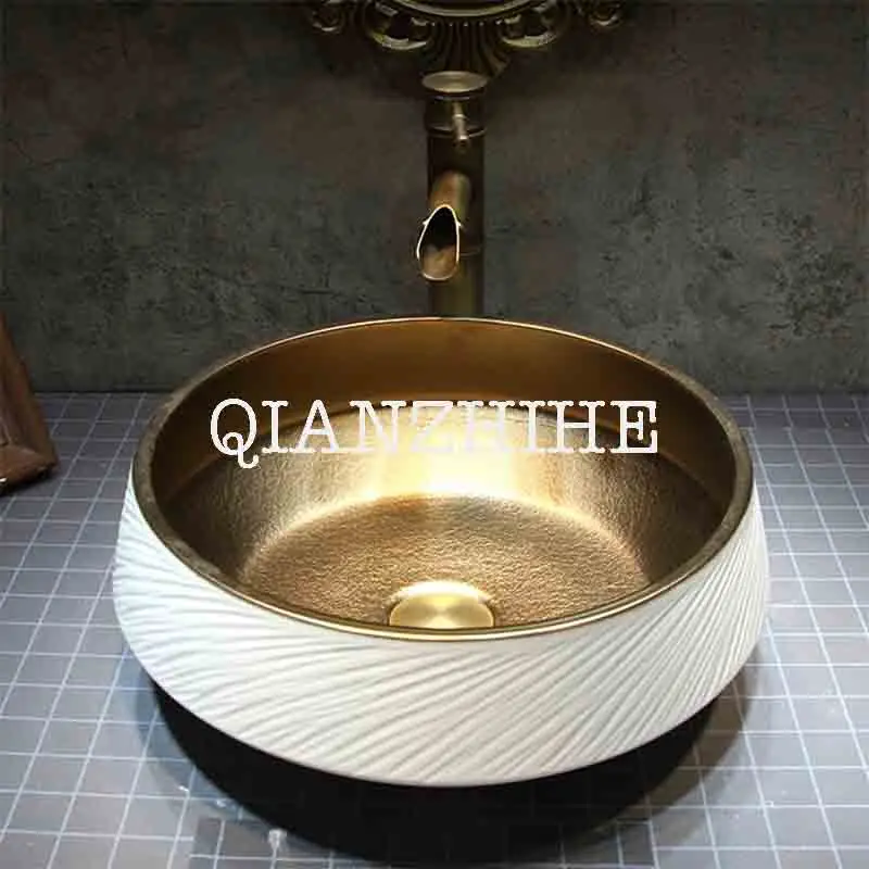 

Round Golden Basin With Faucet Drainer Household Ceramic Basin European Washbasin Luxury Countertop Sinks 40*40cm
