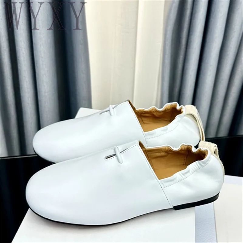 

Spring Autumn New Round Toe Women's Real Leather Comfort Flat Simple Casual Shoes Pleated Fashion Casual Single Shoes Woman 2023