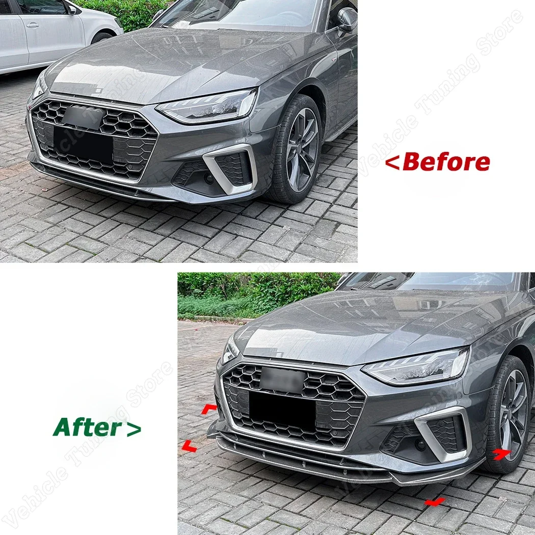 Carbon Fiber Look Front Bumper Lip Spoiler & Side Skirt Kit For Audi A4 B9 Sedan - 9-Piece Set