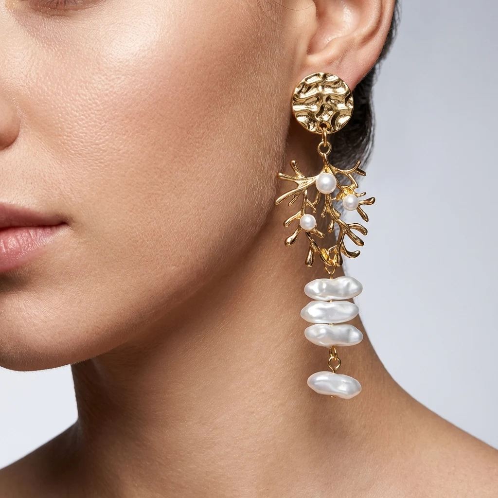 Mehrschichtige Perlenmuschel-Quasten-Ohrringe für Damen, elegante goldfarbene Korallen-Geometrie-Hängeohrringe, Sommer-Strandschmuck – Detail 5