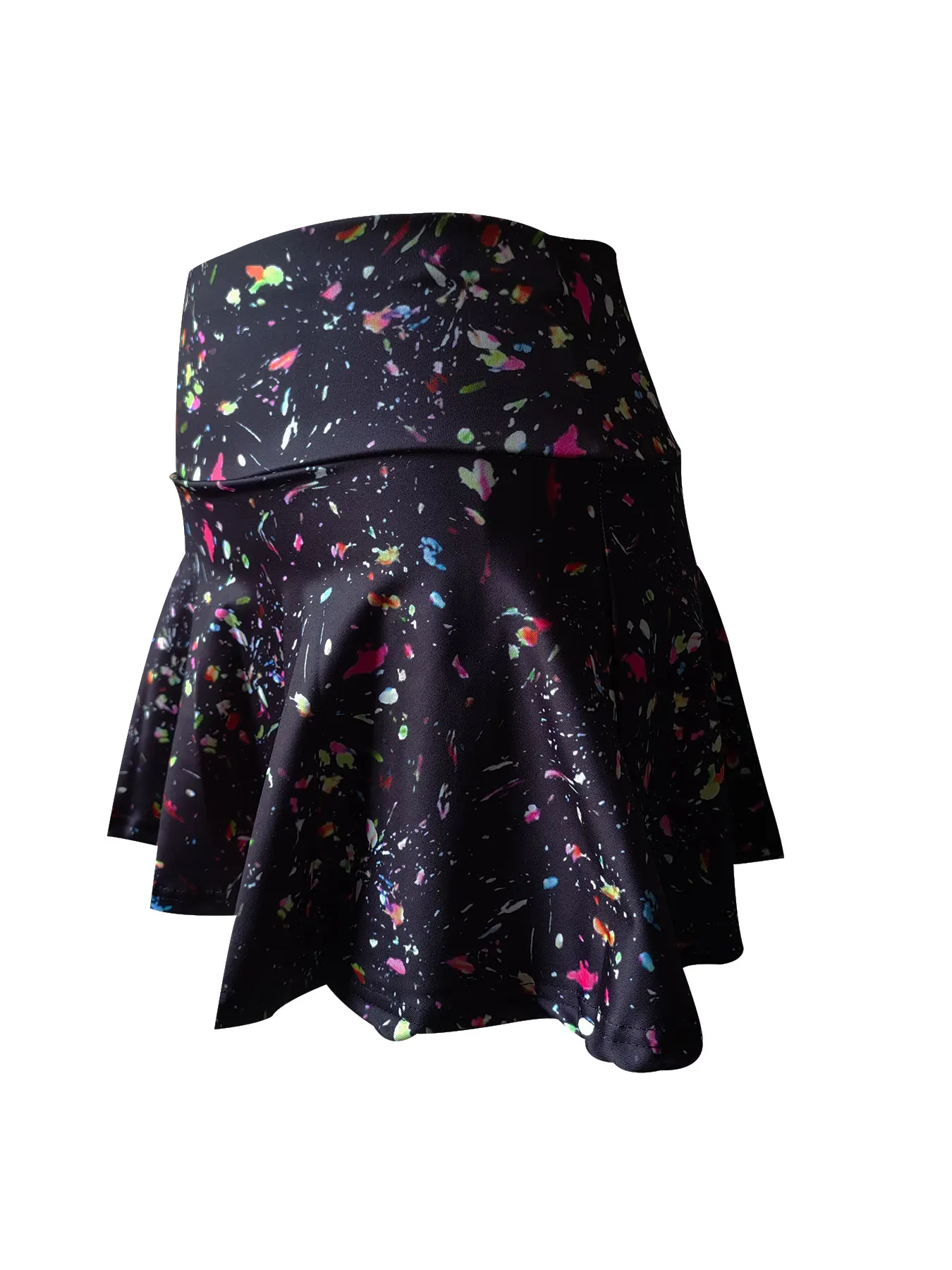 Ladies' colorful splash print sports short skirt with built-in shorts for exercise and active lifestyle