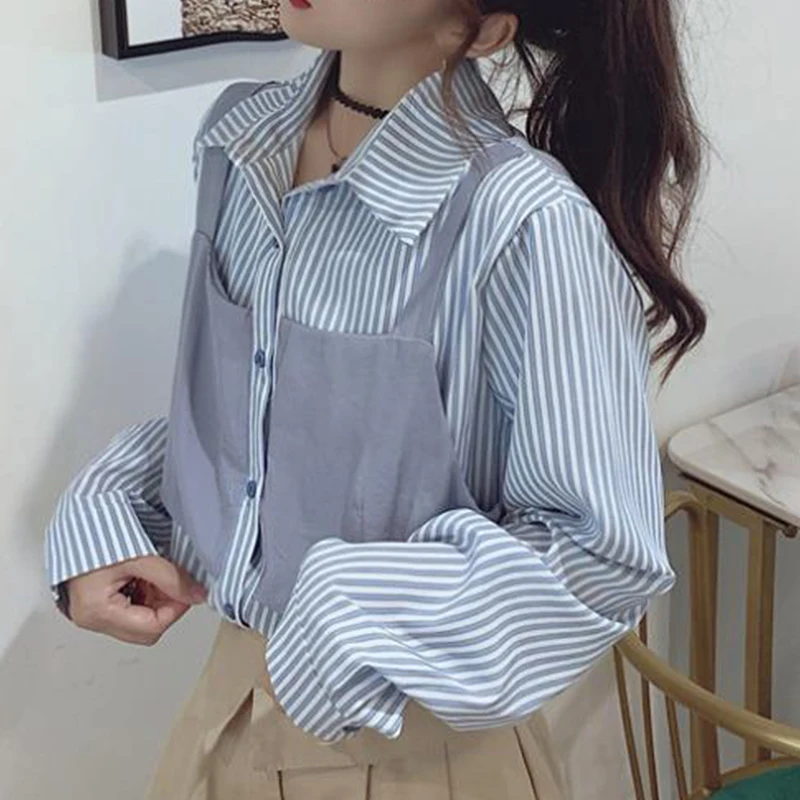 Spring Summer Striped Patchwork Shirt Ladies Long Sleeve Fake Two Piece Top Women Loose Casual Blouse Femme Polo-neck Cardigan