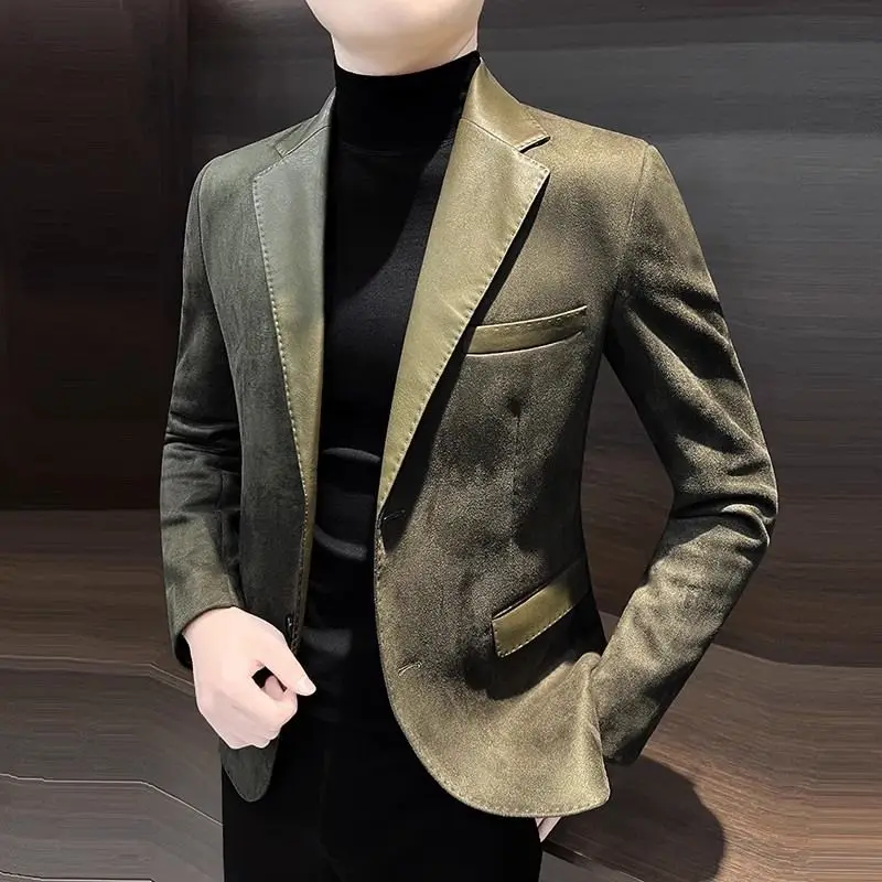 Mens Blazer Spring Autumn Long Sleeve Turn-down Collar Patchwork Solid Korean Pockets Button
