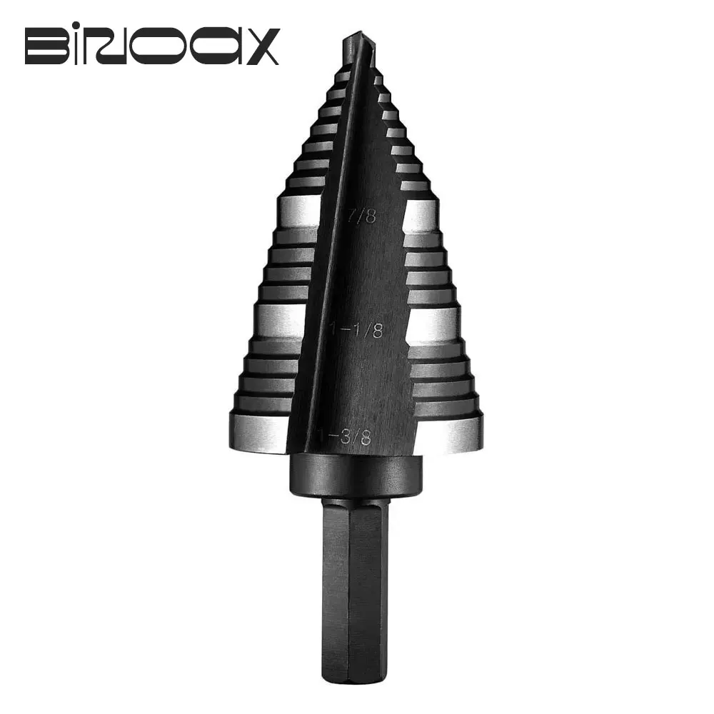 Binoax 6542 SAE Titanium Coated Step Drill Double Fluted 7/8 to 1-3/8 Multiple Hole Saw Metals Plastic Wood Cone Drill Bits