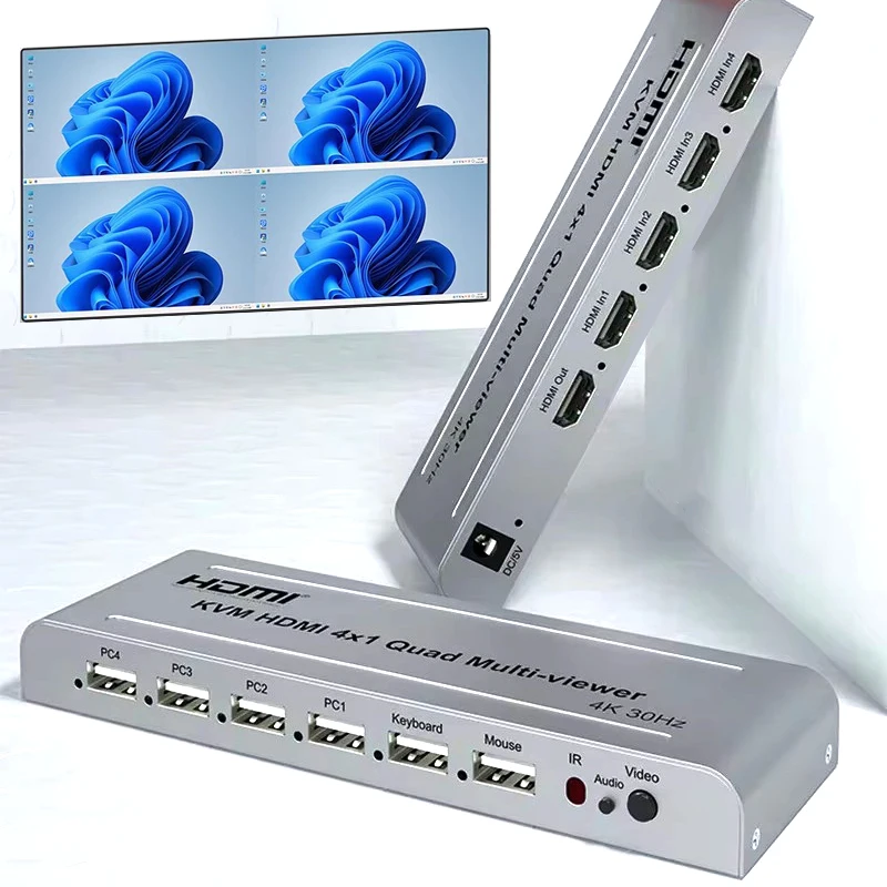 4K HDMI 4X1 KVM 쿼드 멀티뷰어 비디오 프로세서 멀티 스크린 멀티뷰어 원활한 스위치 1080P 지원 키보드, 마우스 통과 가능