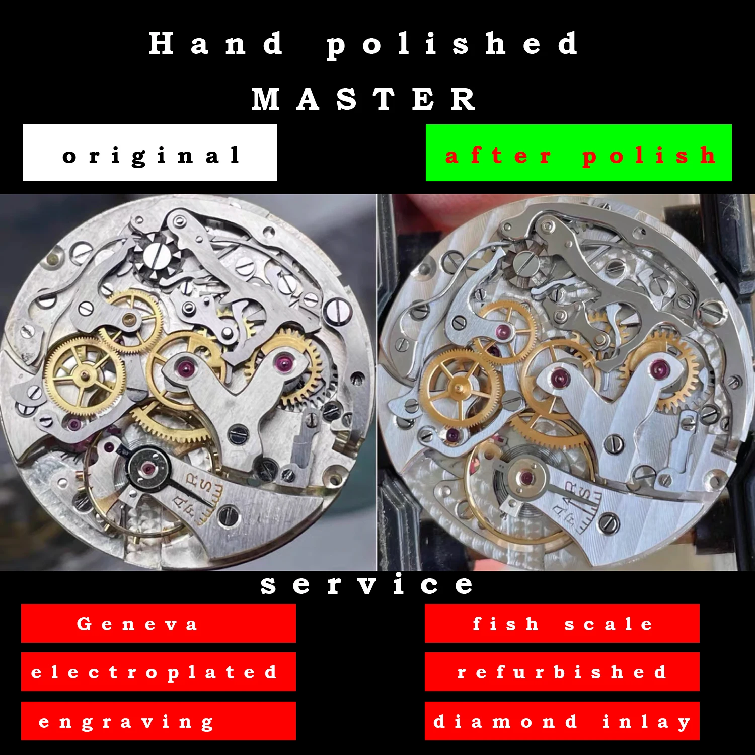

venus175 movement renovate watch movement customized hand-polished Fish scale Geneva stripe polish service