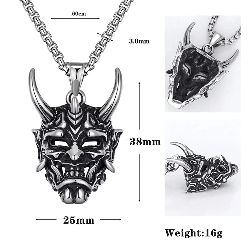 Gothic Anger Hannya Ghost Skull Mask Pendant Accessories Retro Jewelry Gift Necklace Samurai Devil Masks Neck Chain for Friend
