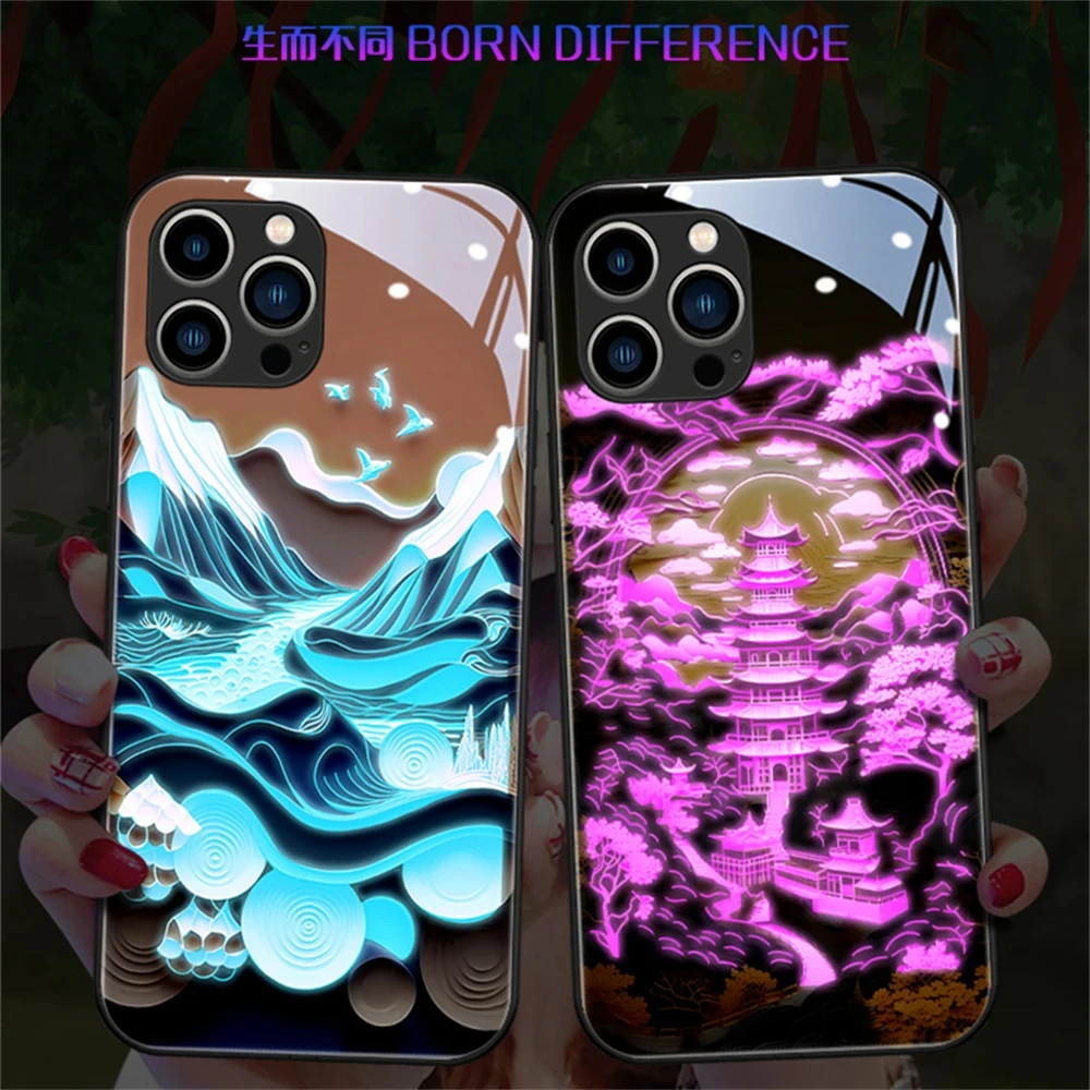 Old Landscape Painting Smart LED Light Up Glow Glass Phone Case For XiaoMi 13 12 11 Pro Ultra RedMi K60 K50 Poco F3 F4 F5
